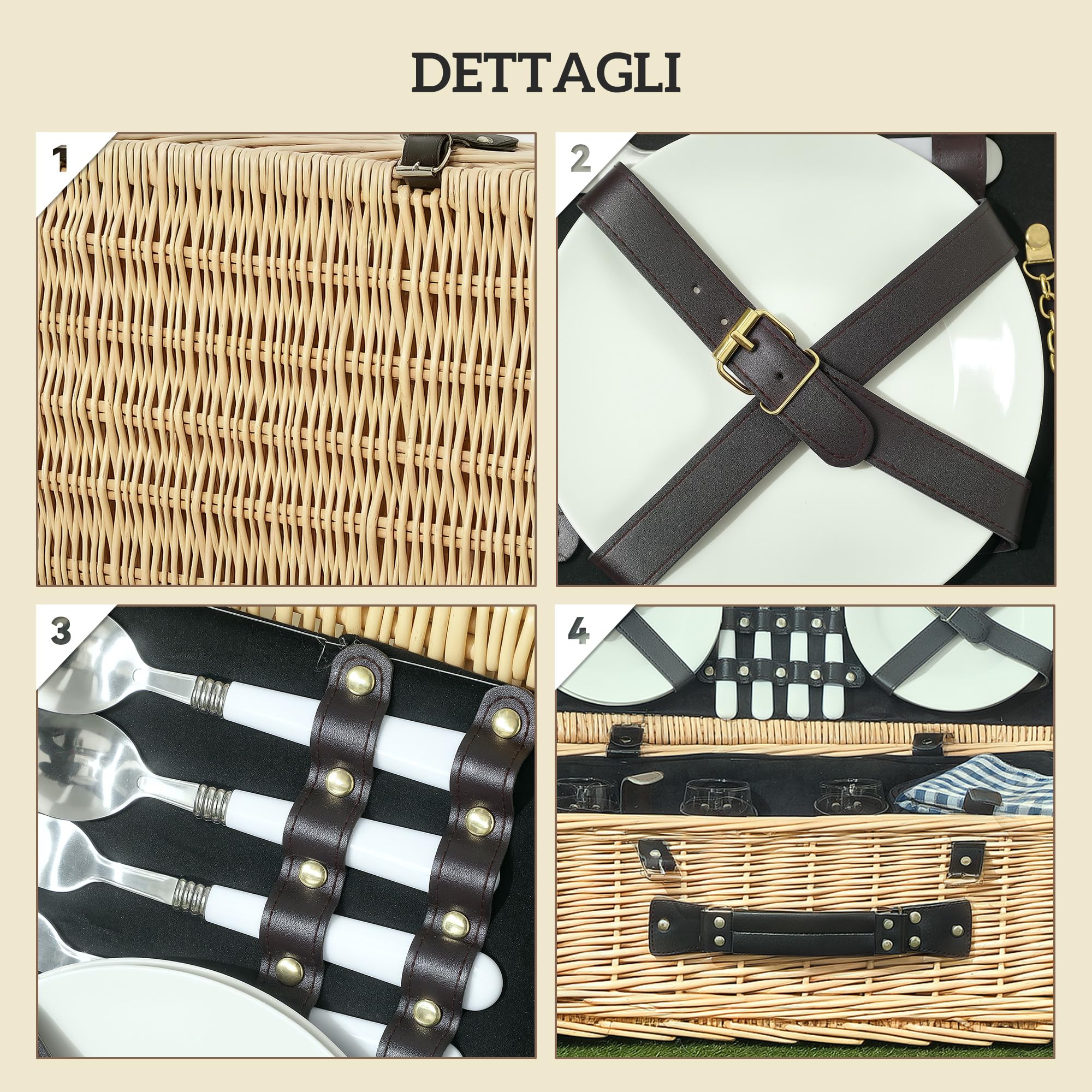 Outsunny Cestino da Picnic in Vimini per 4 Persone, Cesto Picnic con Area Frigo e Accessori Piatti, Bicchieri da Vino, Cucchiai e Forchette, Borsa per Vino, 54x34x20 cm, Color Legno