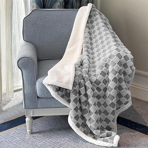 Manta a cuadros para sofá, manta de vellón mullida, suave manta de piel sintética, manta sherpa, acogedora manta de regalo para sofá y cama (gris,
