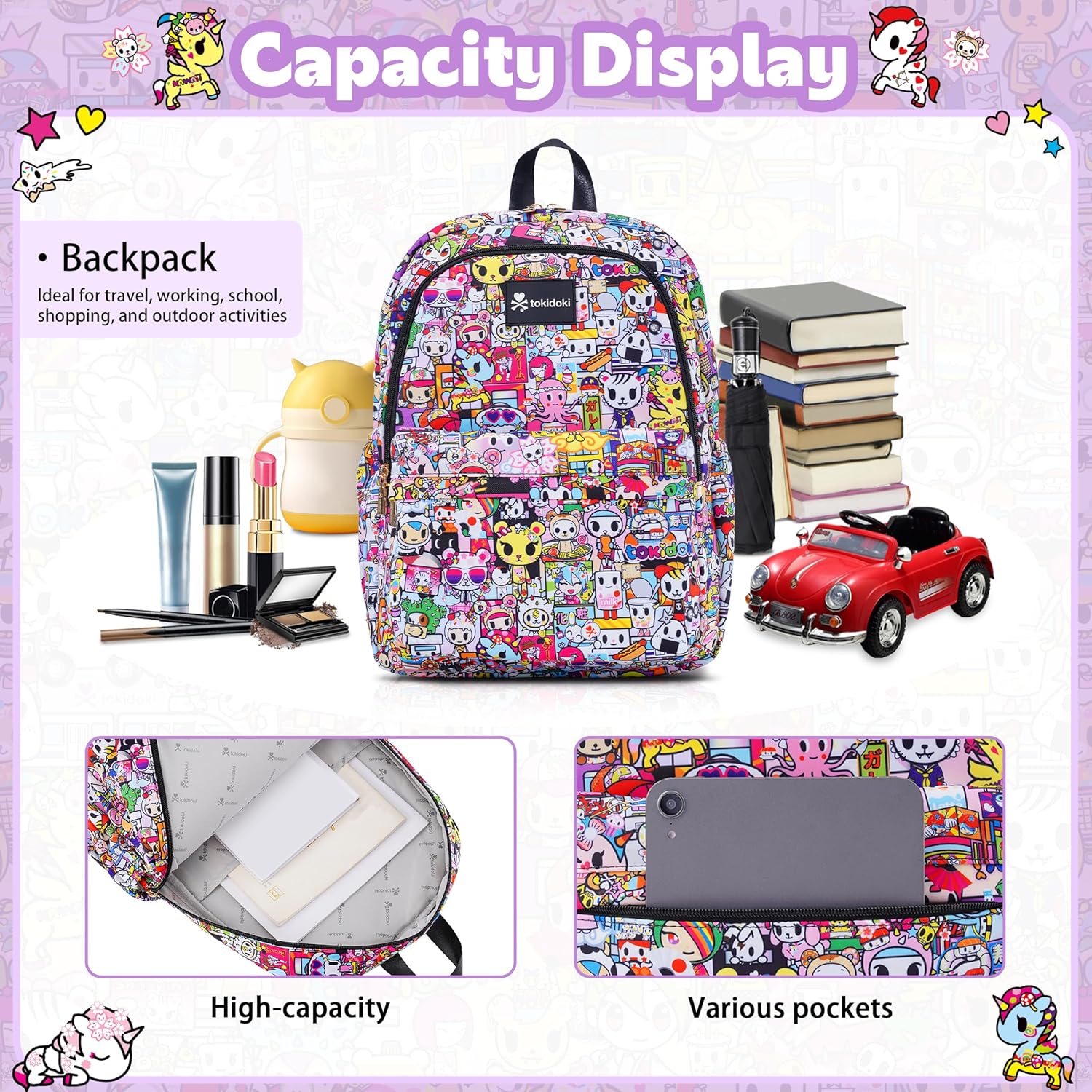 Tokidoki Unicorno Backpack Daily Shoulder Bag Large Capacity Portable Travel Backpack Casual Daypack Cartoon Travel Bag (all stars) - Image 3