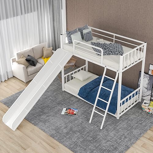 Miniatura 4 de Harper & Bright Designs Litera de metal individual sobre individual con escalera y tobogán, marco de cama resistente con rieles de protección de