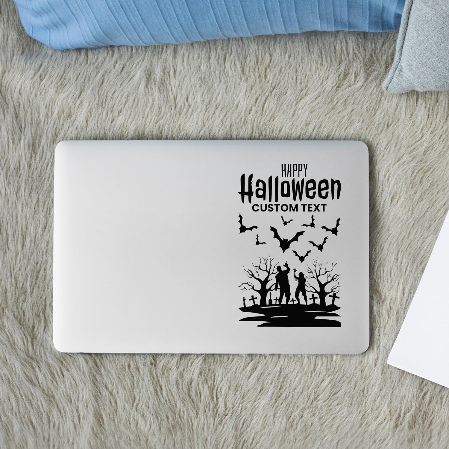 Halloween Silhouette Sticker - Halloween Cemetery Bats Sticker for Notebook Car Laptop - Custom Text - Halloween Design - Original Gift for Halloween Celebration 29x46 in inches