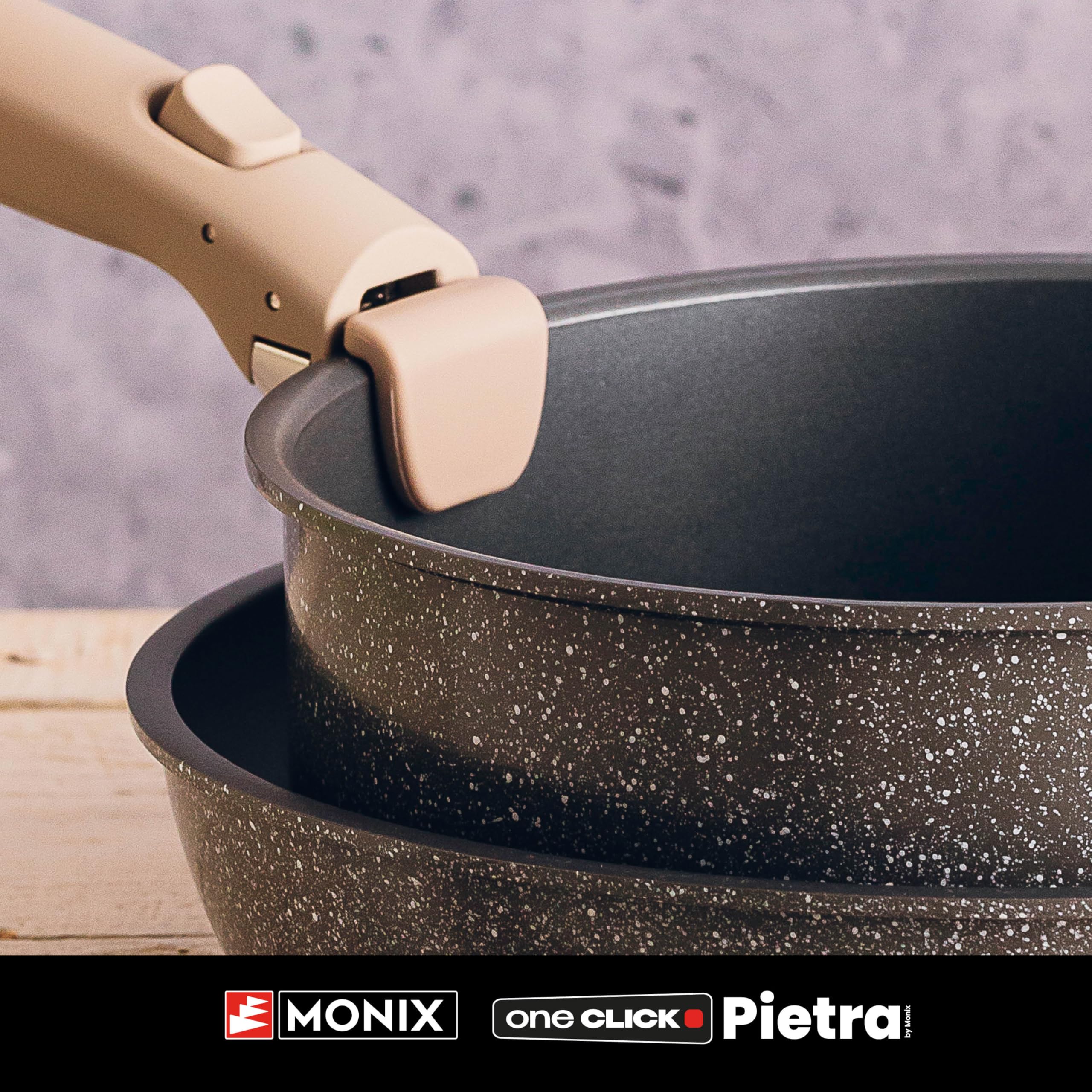 Monix One Click Pietra | Set 3 sartenes apilables, 20-24-26 cm, Antiadherentes, Mango desmontable, Indicador Temperatura Thermonix, Sin PFOA, Apta para todo tipo de Cocinas