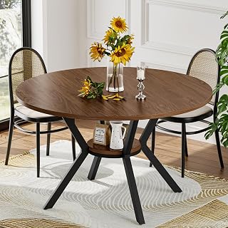 MECHYIN 42" Round Farmhouse Dining Table for 4 with Storage Shelf, Rustic Wood Kitchen Table Metal Legs Space-Saving Circle Dinner Table