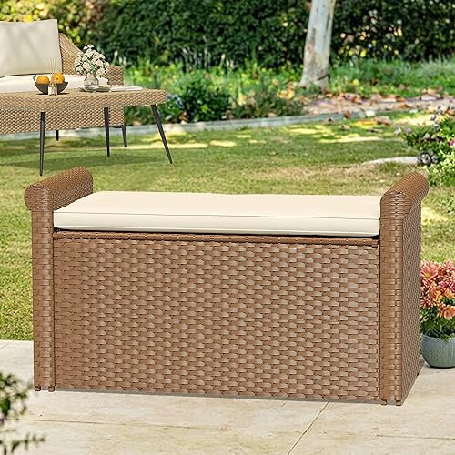 Miniatura 9 de YITAHOME Caja de cubierta de ratán de polietileno, marrón, asiento de almacenamiento para 2 personas con capacidad de peso de 800 libras,