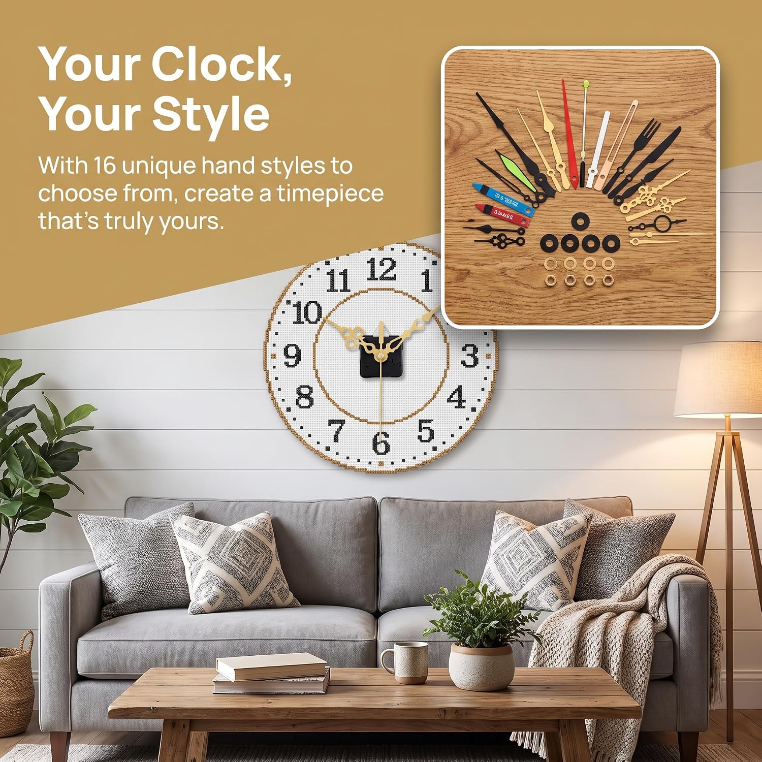 Clock Mechanism Replacement Kit,15 Pack Silent Quartz High‑Torque Clock Kit | 16‑pair clock hands,16mm Shaft,8mm thread for 4‑6mm dial,quiet sweep quartz motor for DIY clock repair custom clock‑making