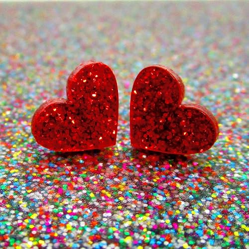 Miniatura 5 de Little Red Glitter Heart Stud Earrings with Nickel Free Titanium Posts, Valentine's Day Love Jewelry