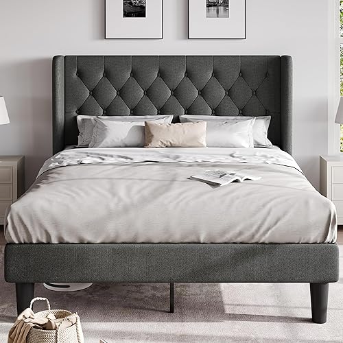 HOOMIC Base de cama clásica de tamaño matrimonial con cabecera copetuda con botones en la parte trasera, plataforma tapizada con fuerte soporte de