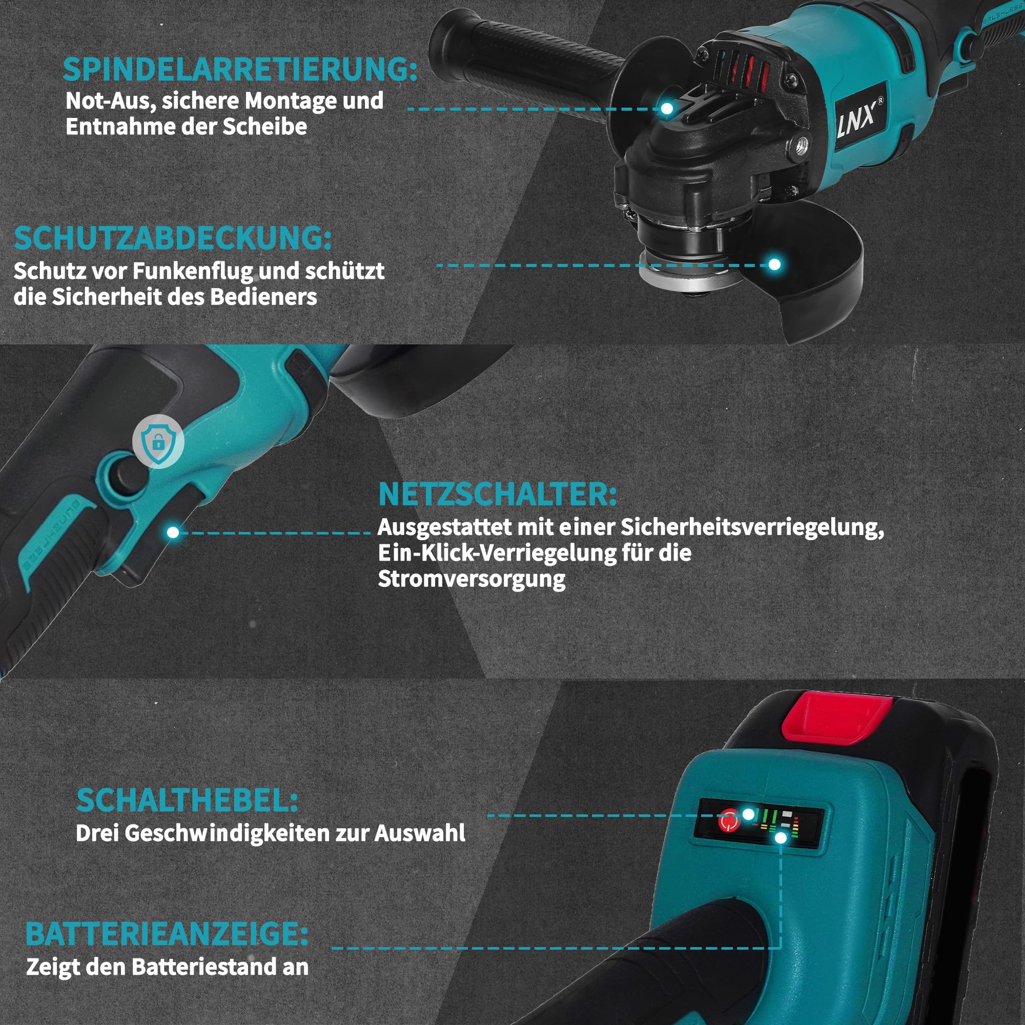 Akku-Winkelschleifer 125 mm, Akku Flex für Makita LXT-18V Akku, 8500U/min, 3 Geschwindigkeiten, Akku-Schleifer mit Rutschfester Griff, zum Schleifen, Schneiden und Polieren (Ohne Akku)
