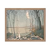 Poster Master New Moon Poster - Retro Bunny in the Woods Print - Mushroom Art - Crescent Moon Design - White Rabbit Design - Fairytale Print - Aesthetic Kid's Room Nursery Decor - 16x20 Beige Framed