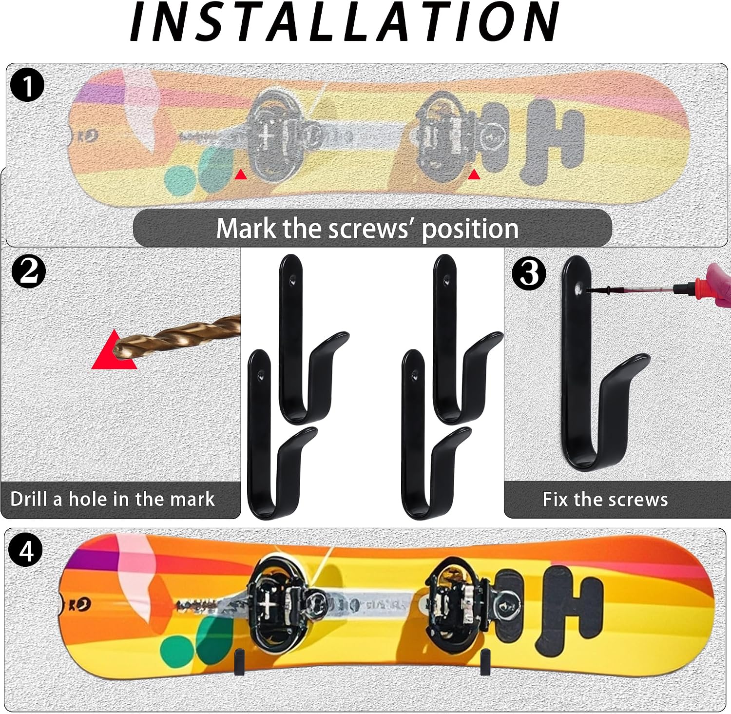 4 Pack Snowboard Wall Mount Clips Holders Wall Rack Skateboard Wall Mount Display Indoor Snowboard Storage Rack for Room Garage image 4