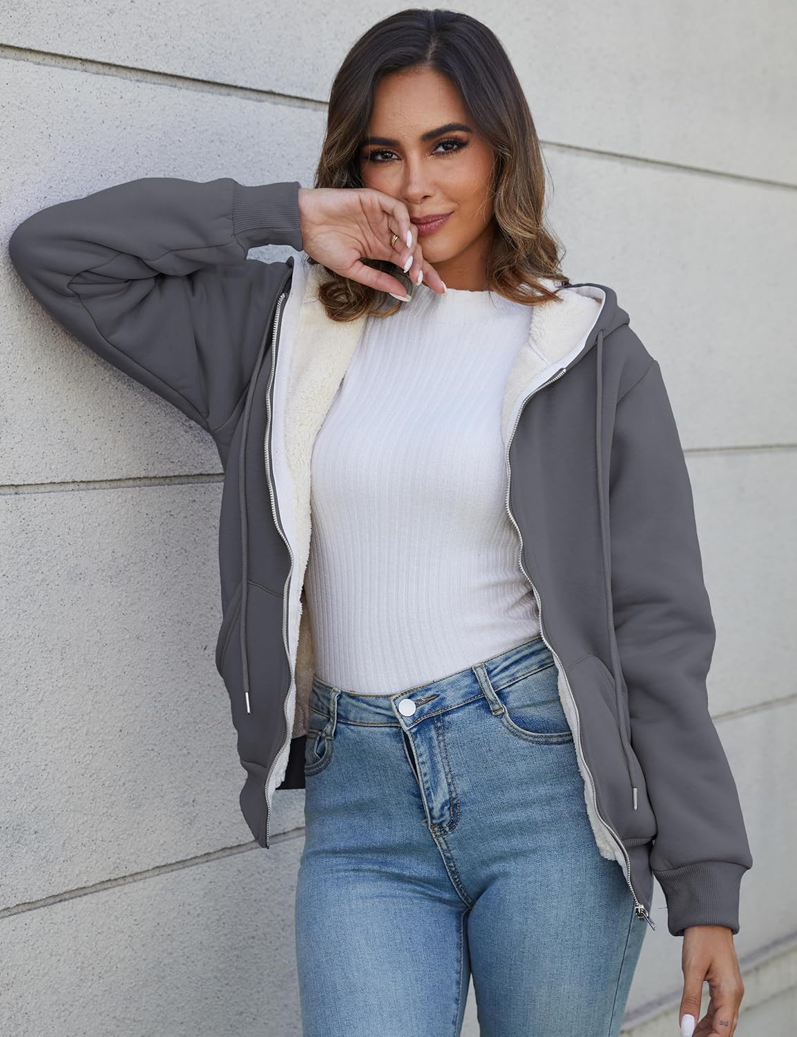 Flygo Women Winter Hoodies Zip Up Fleece Sherpa Lined Warm Sweatshirts Jacket - Image 6