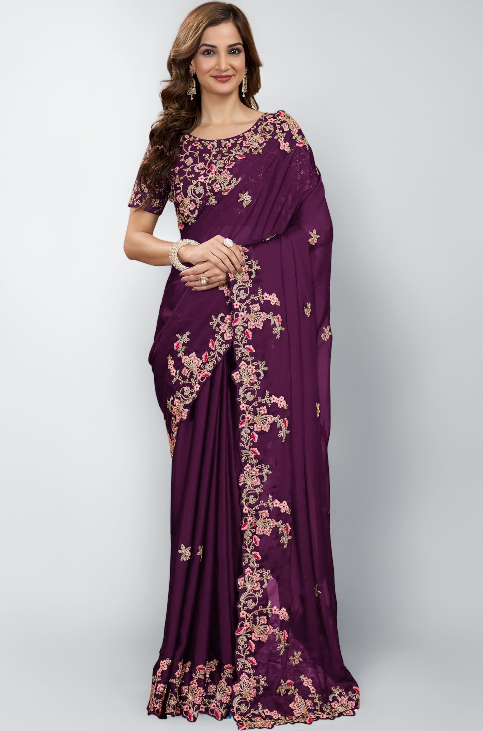 TRENDMALLS Women's Rangoli Silk Embroidery Saree with Unstitch Blouse Piece Saree for Women