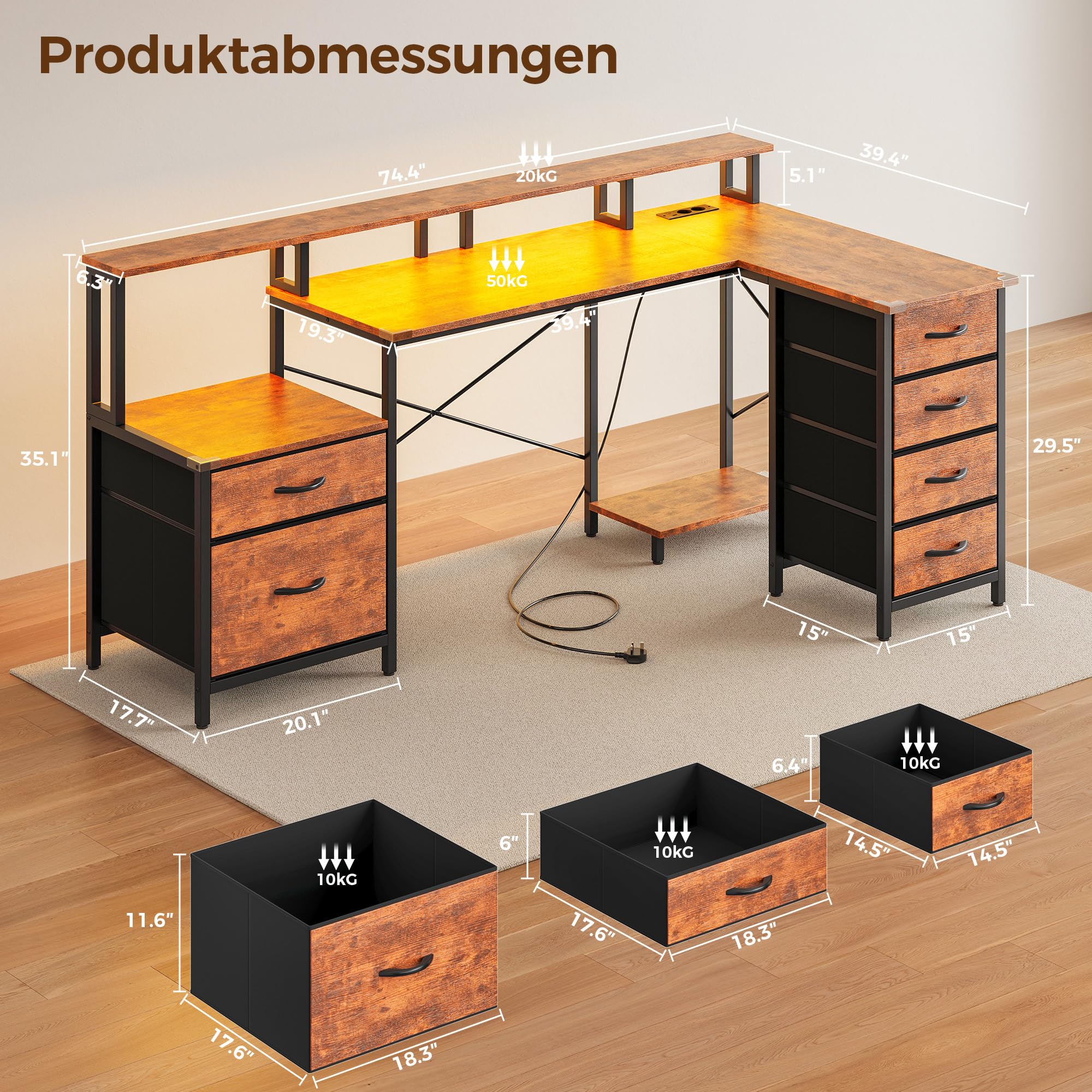 IRONCK Schreibtisch L Form Gaming Tisch mit LED & Steckdosen 2AC+1USB+1C, 189x100cm Eckschreibtisch mit 6 Schubladen&Monitorständer, Reversible Computertisch mit Stauraum für Home Office Vintage-braun