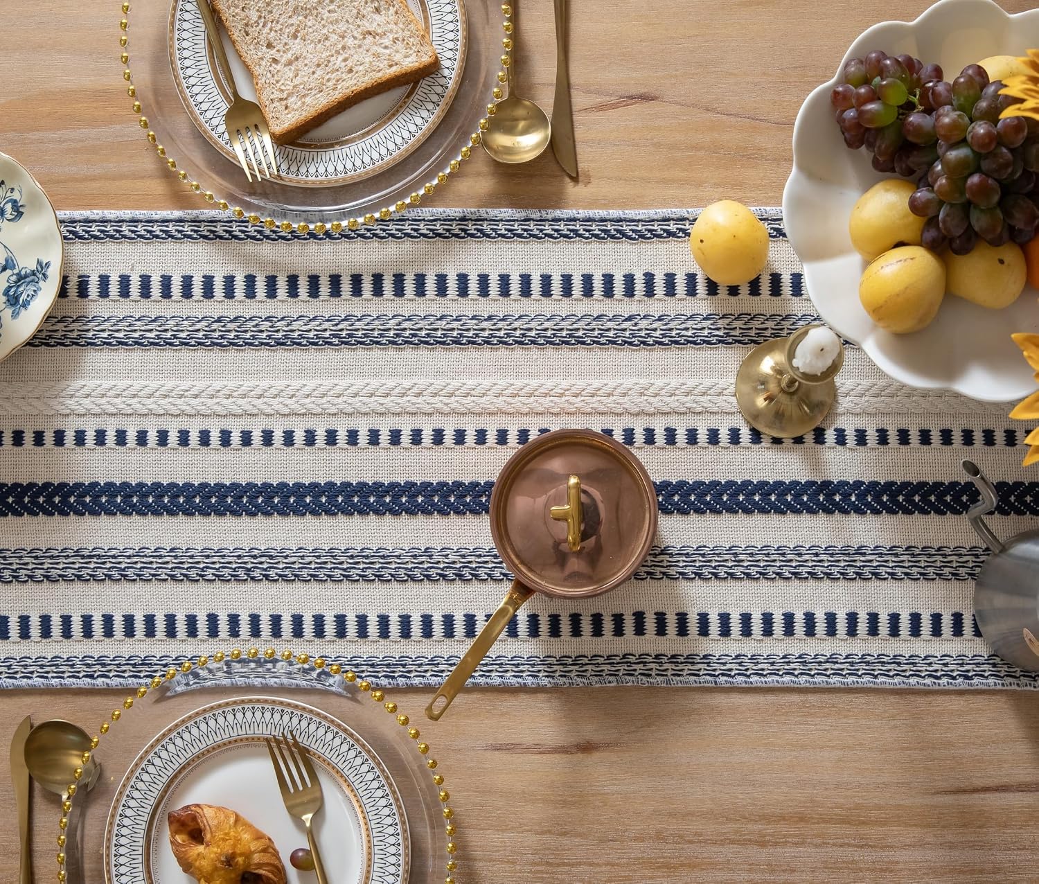 Caflife Boho Table Runner 90 Inchs Long, Navy Blue and Beige Cotton Linen Blend Woven Modern Rustic Farmhouse Decorative Dresser and Coffee Table Runner for Kitchen, Dining Room Home Decor
