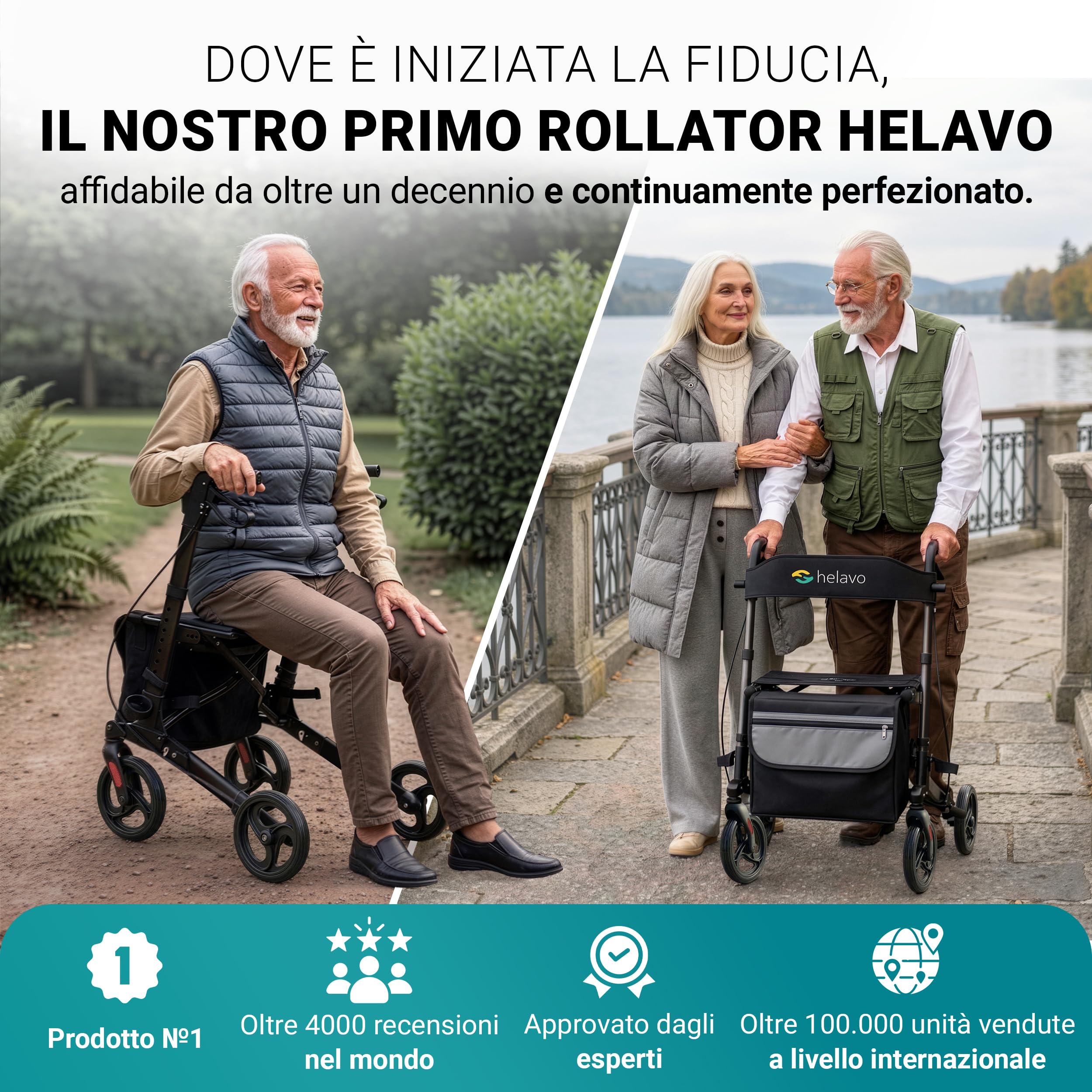 Helavo deambulatore per anziani pieghevole in alluminio con seduta schienale - freni rollator leggero 4 ruote - girello pieghevole per interni ed esterni supporto fino a 136 kg