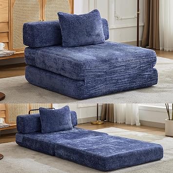 Folding Sofa Bed, Blue Convertible Floor Sleeper Chair, Comfy Futon Floor Couch, 2 in 1 Pull Out Single Boneless Sofa for Living Room, Bedroom, No Assembly, Chenille