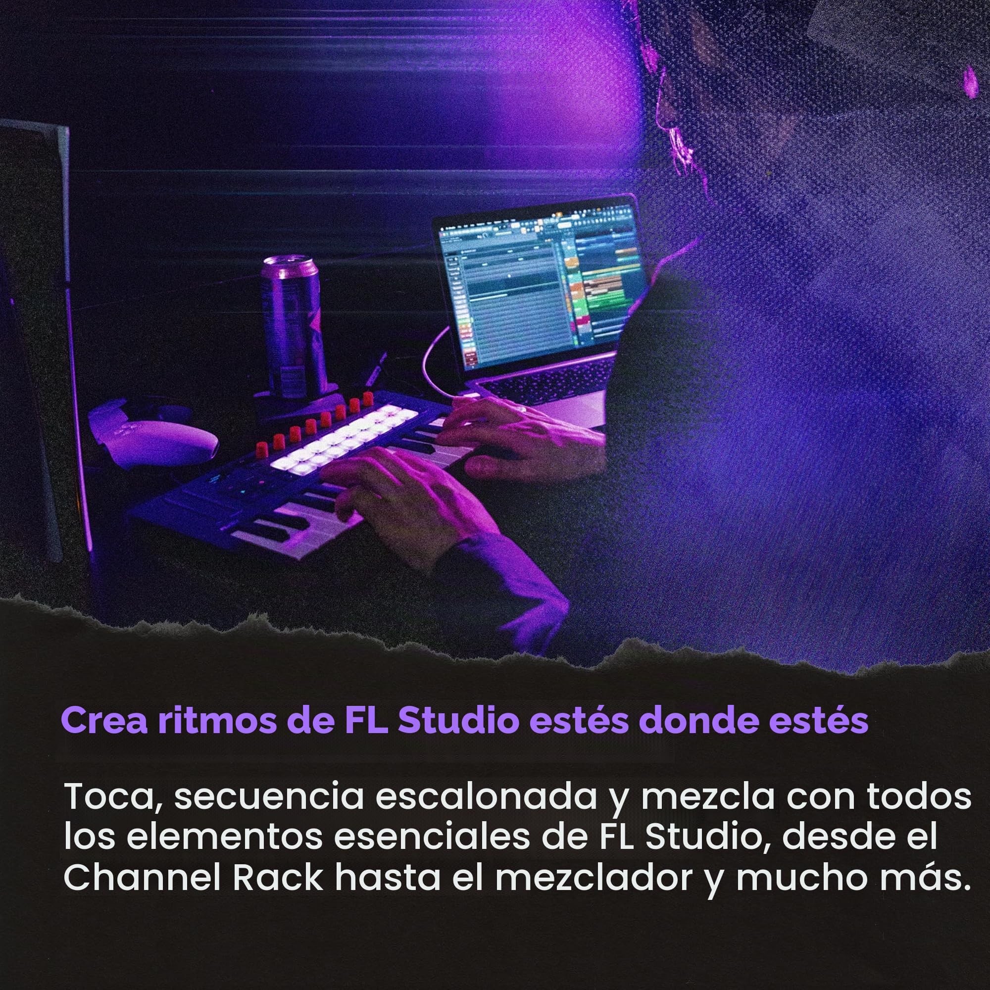 Novation FLkey 2 Mini 25 — Teclado controlador MIDI de 25 miniteclas para empezar con FL Studio, con USB, tiras de tono y modulación, 16 pads de percusión y arpegiador. Incluye 6 meses de FL Studio