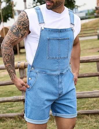 Bindefon Denim Overalls for Men Short Jumpsuit Work Bib Coveralls
