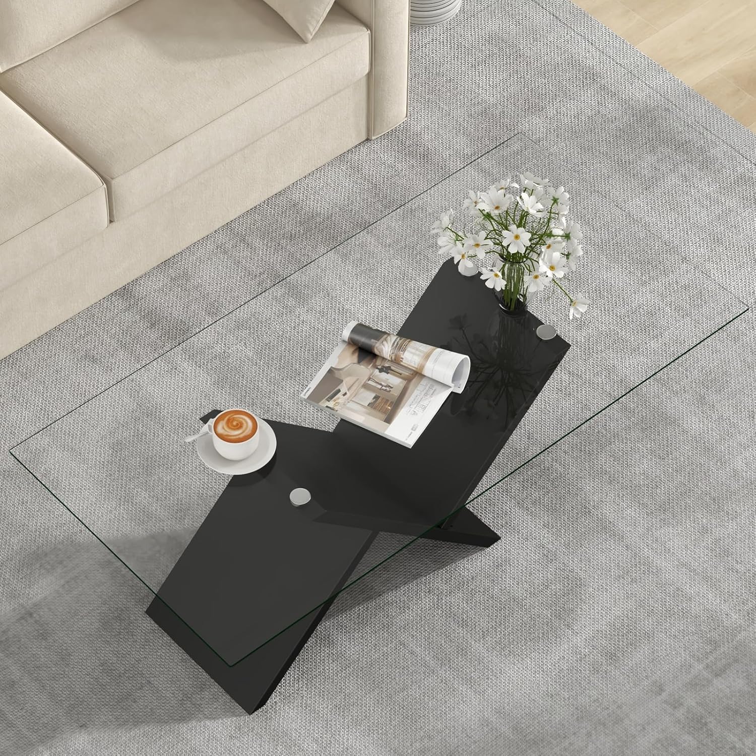 Tangkula Rectangle Glass Coffee Table, 47” Modern Center Table with Tempered Glass Tabletop & Geometric Rubber Wood Frame, Versatile Accent Table for Living Room (Black)