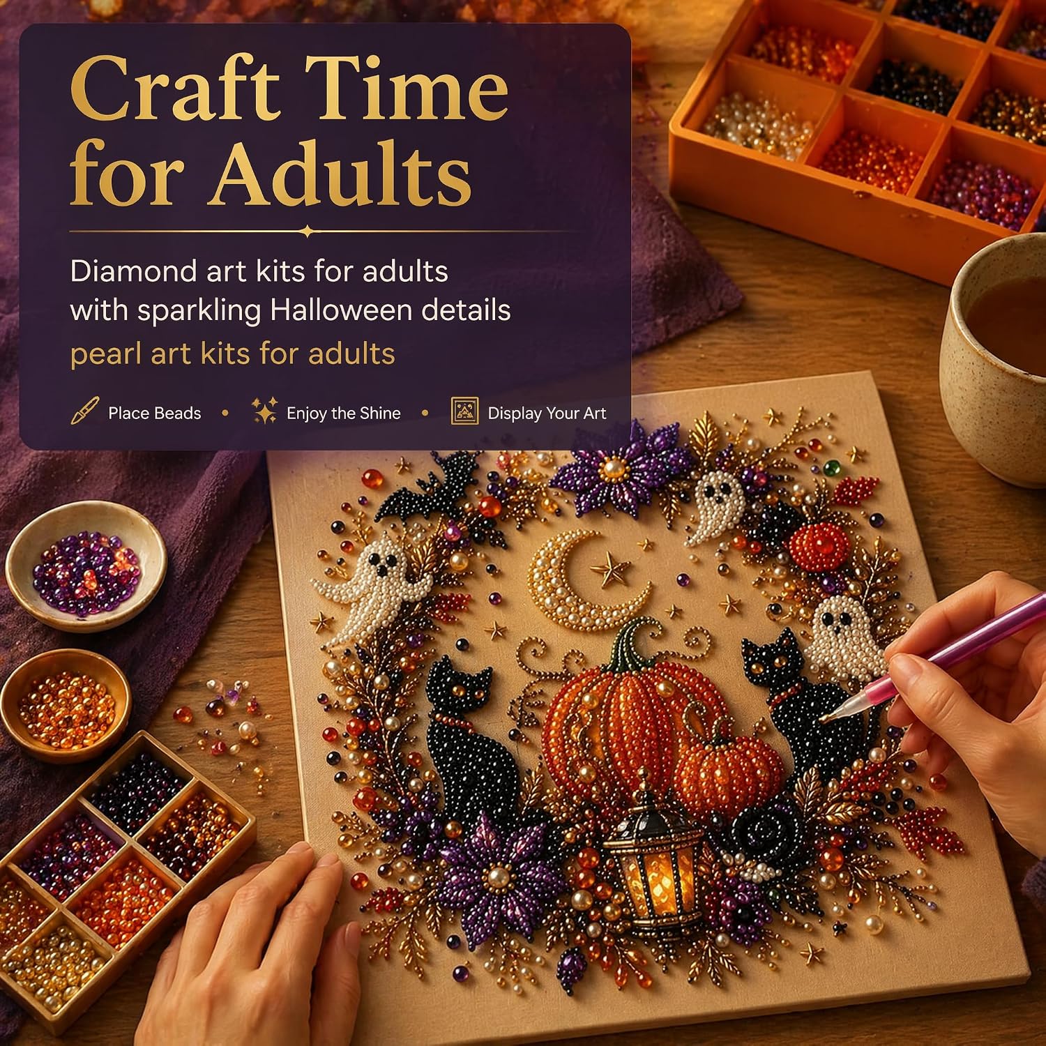 Halloween Ghost DIY Diamond Painting Kit, Cute 3D Crystal Bead Art for Adults, Beginner Friendly Diamond Art Kits for Adults, Fall Wall Decor DIY Craft Gift for Seasonal Party. (Pearl A) image 5