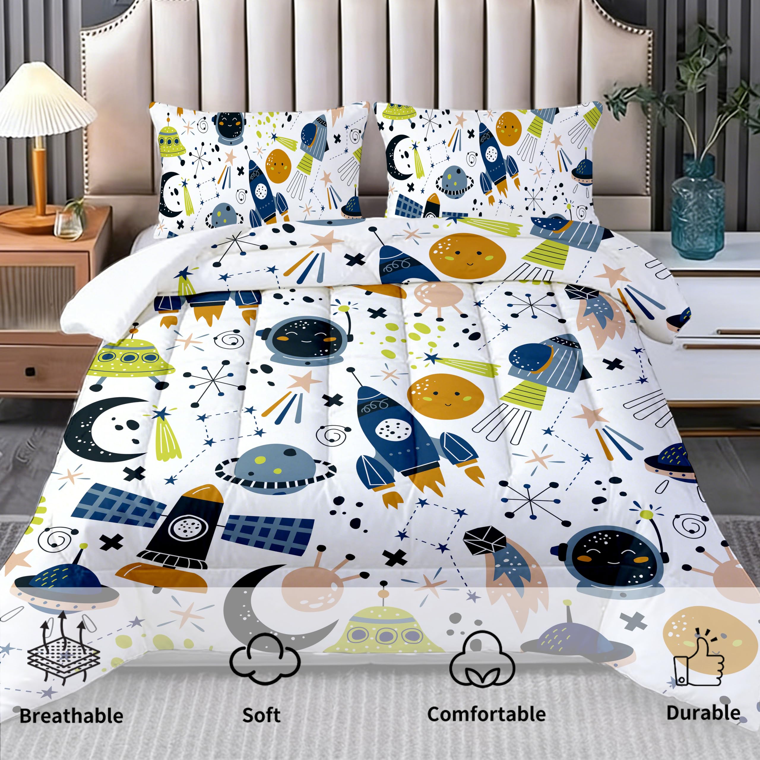 Weltraum Vierjahreszeiten Steppdecke 140x200,Bettdecke 4 Warme Jahreszeiten, Universum Planet Rakete Bettdecke ohne Bezug Waschbar Schlafdecke mit 2 Kissenbezug 80x80cm (HJ-A, 140x200cm+80 * 80 * 2)