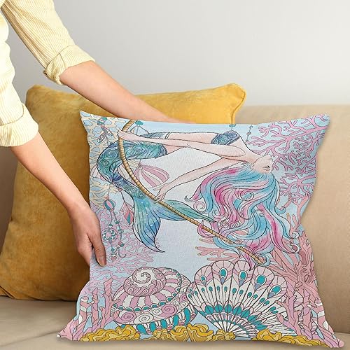 Miniatura 2 de Ambesonne Funda de cojín con diseño de sirena, sirena de dibujos animados en sirenas marinas del mito griego, mujer humana con imagen de cola de