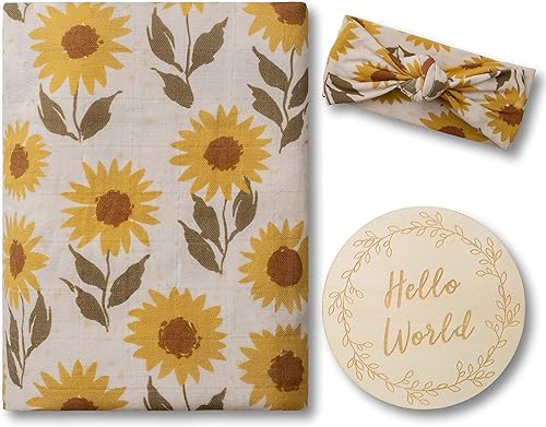 Miaoberry Manta de muselina de algodón 100% orgánico, diseño de girasol, vintage, bohemio, tono tierra, amarillo y verde, manta de recepción de