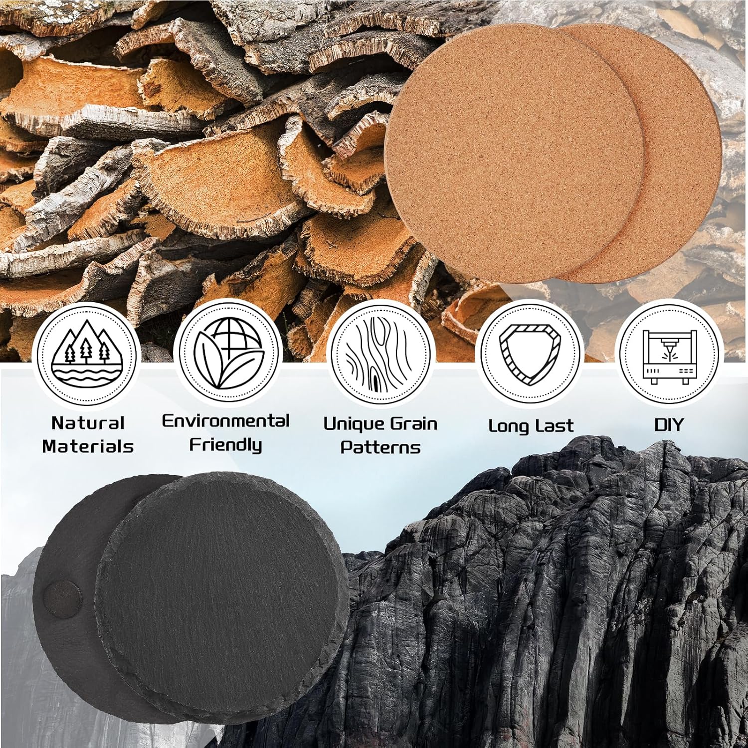 100 PCS Blank Coasters Bulk for Drinks, Natural Engravable Materials, 4 Inch 50 PCS Black Handmade Slate Stone Coasters, 50PCS Cork Coaster for Laser Engraving, Gifts, Wedding, Crafts, Round - Image 3