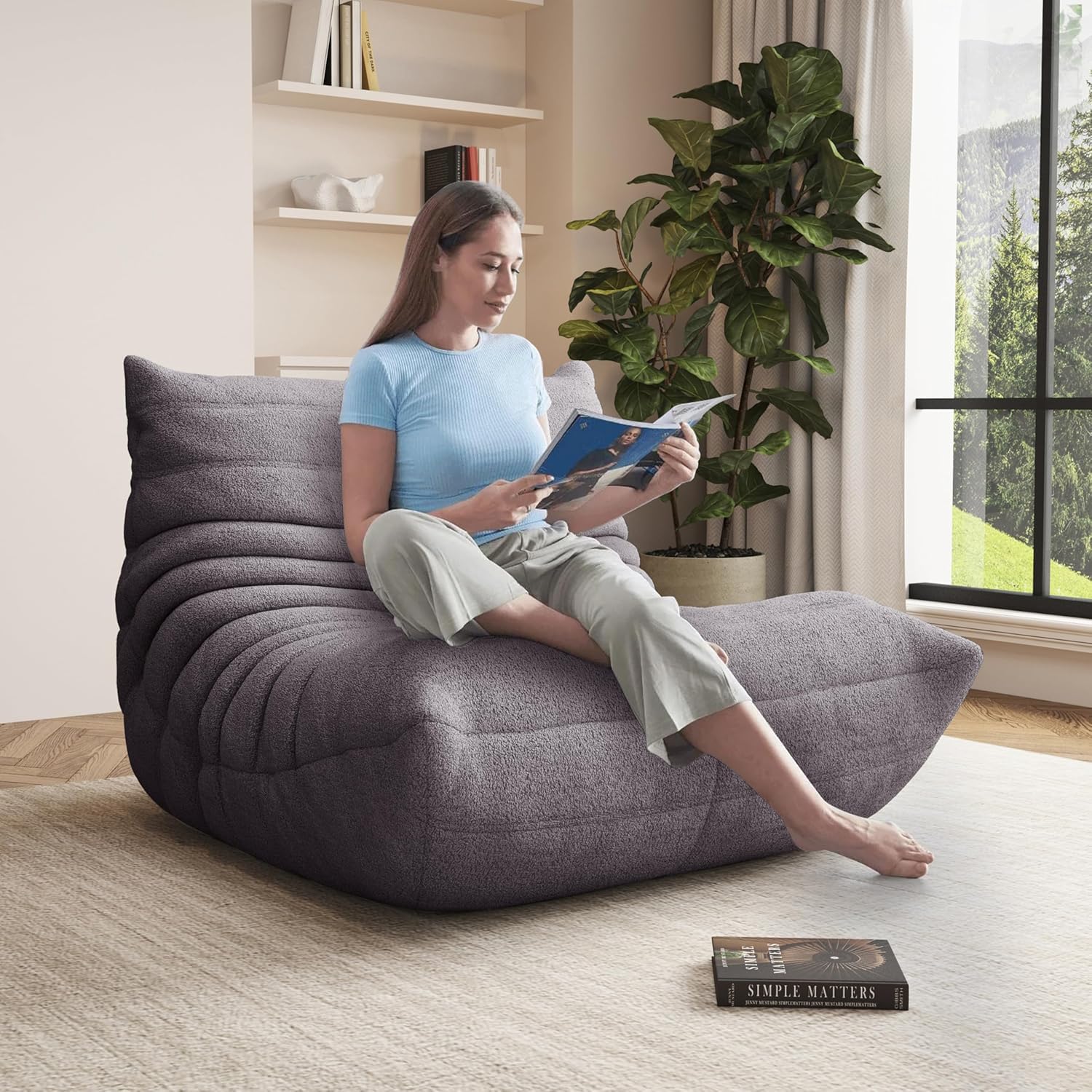 Bean Bag Chairs for Adults, Memory Foam Reading Bean Bag Sofa Chair with Faux Fur Filler, Fireside Floor Gaming Chairs for Living Room, Bedroom and Office (Gray, Small)