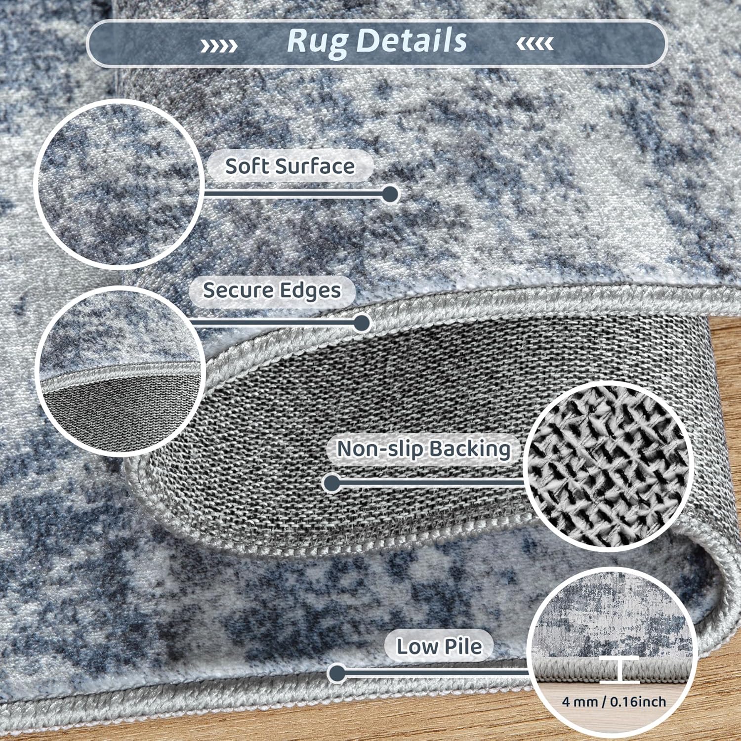 5x7 Area Rugs for Living Room: Washable Abstract Modern Rug Large Neutral Non Slip Soft Stsin Resistant Indoor Carpet for Bedroom Nursery Dining Room Home Office (Blue White 5'x7')