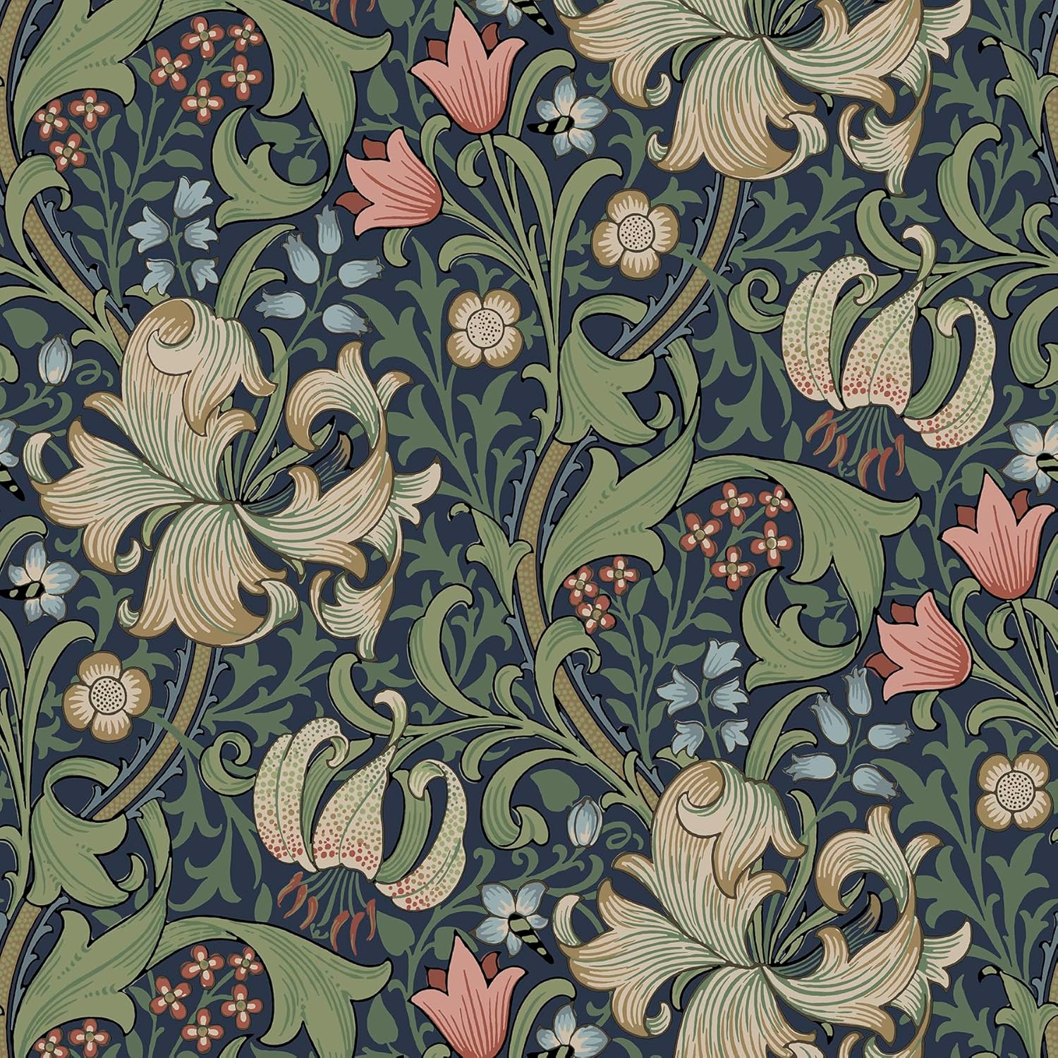 NuWallpaper x Morris & Co. Golden Lily Indigo and Rose Peel and Stick Wallpaper, MCS6602
