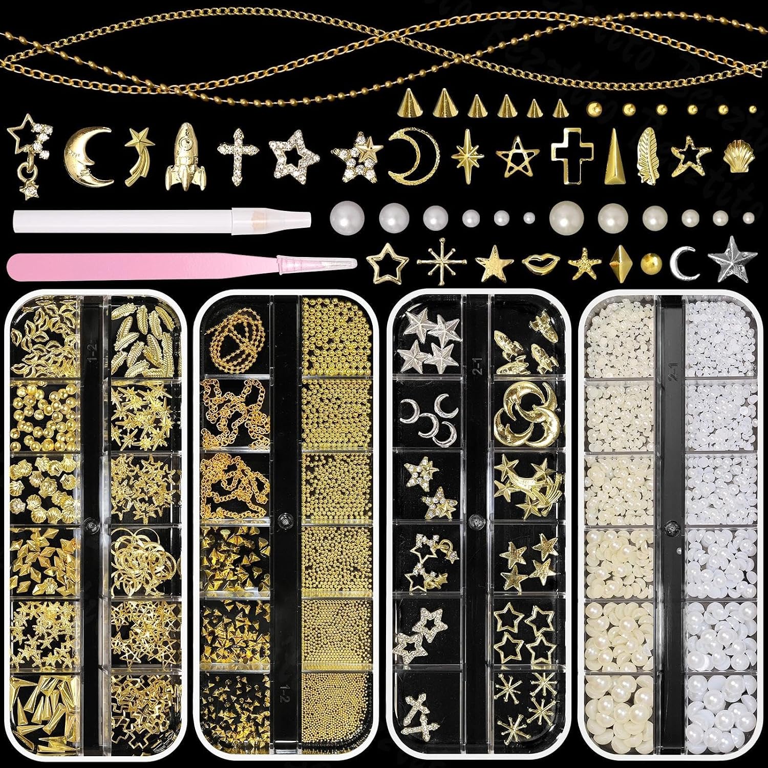 4 Boxes Gold Nail Charms, Gold Nail Chains, Pearl Caviar Nail Beads