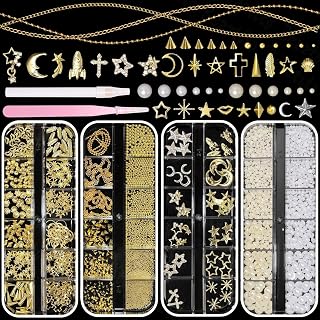 4 Boxes Gold Caviar Nail Beads, Gold Nail Chains, White Pearl Nail Beads for Nail Art, Starburst Star Moon Alloy Nail Studs Rivet Chains for Nail Accessories Craft DIY Makeup