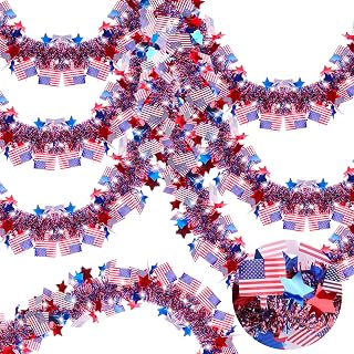 50 Feet Patriotic Tinsel Garland with USA Flags - Red White and Blue Metallic Glitter Streamers for 4th of July Decorations, Independence & Memorial Day Indoor Outdoor Party Decor