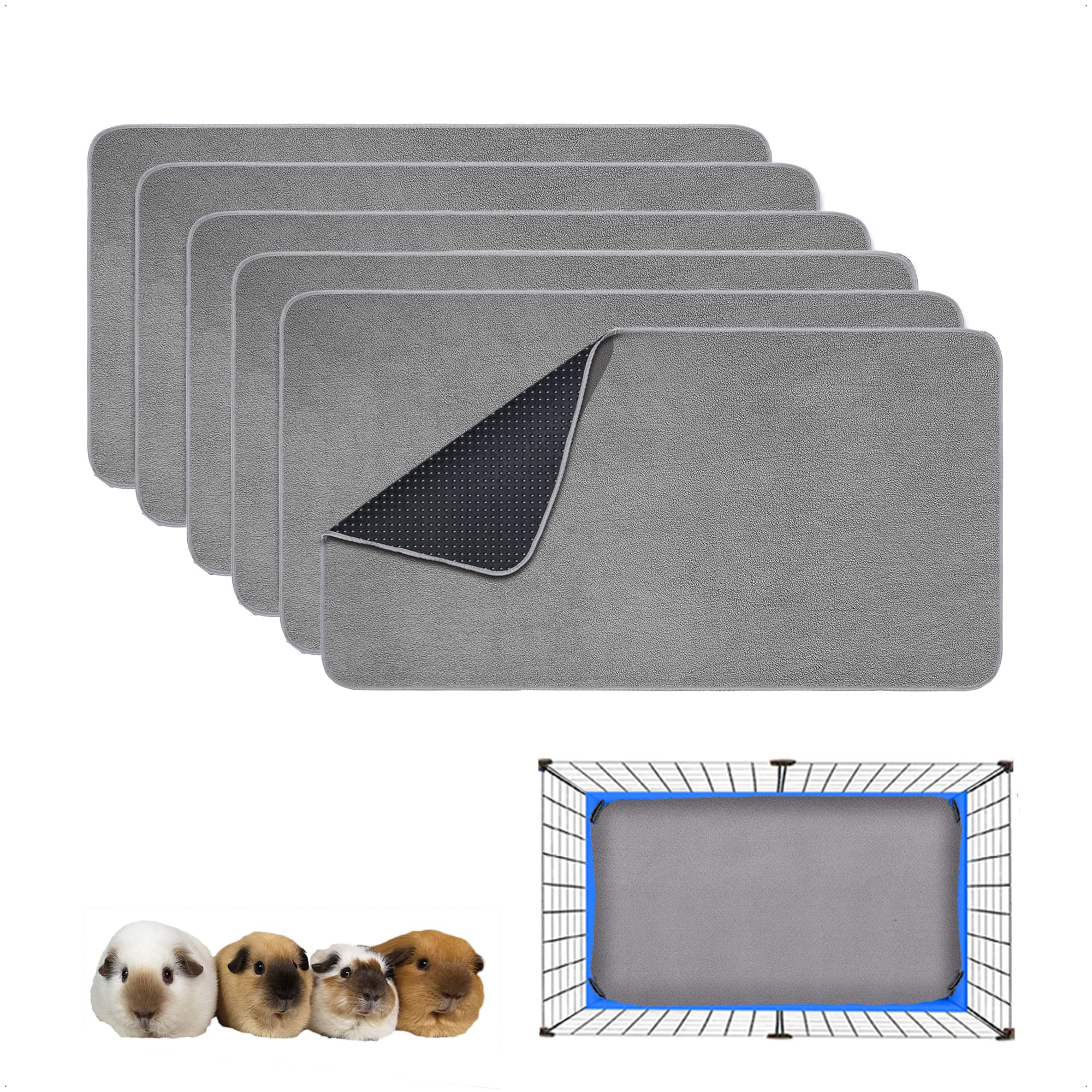 Lot de 6 tapis de lit en polaire lavables, réutilisables, étanches pour petits animaux avec fond antidérapant, pour zone de 38,1 x 73,7 cm, gris
