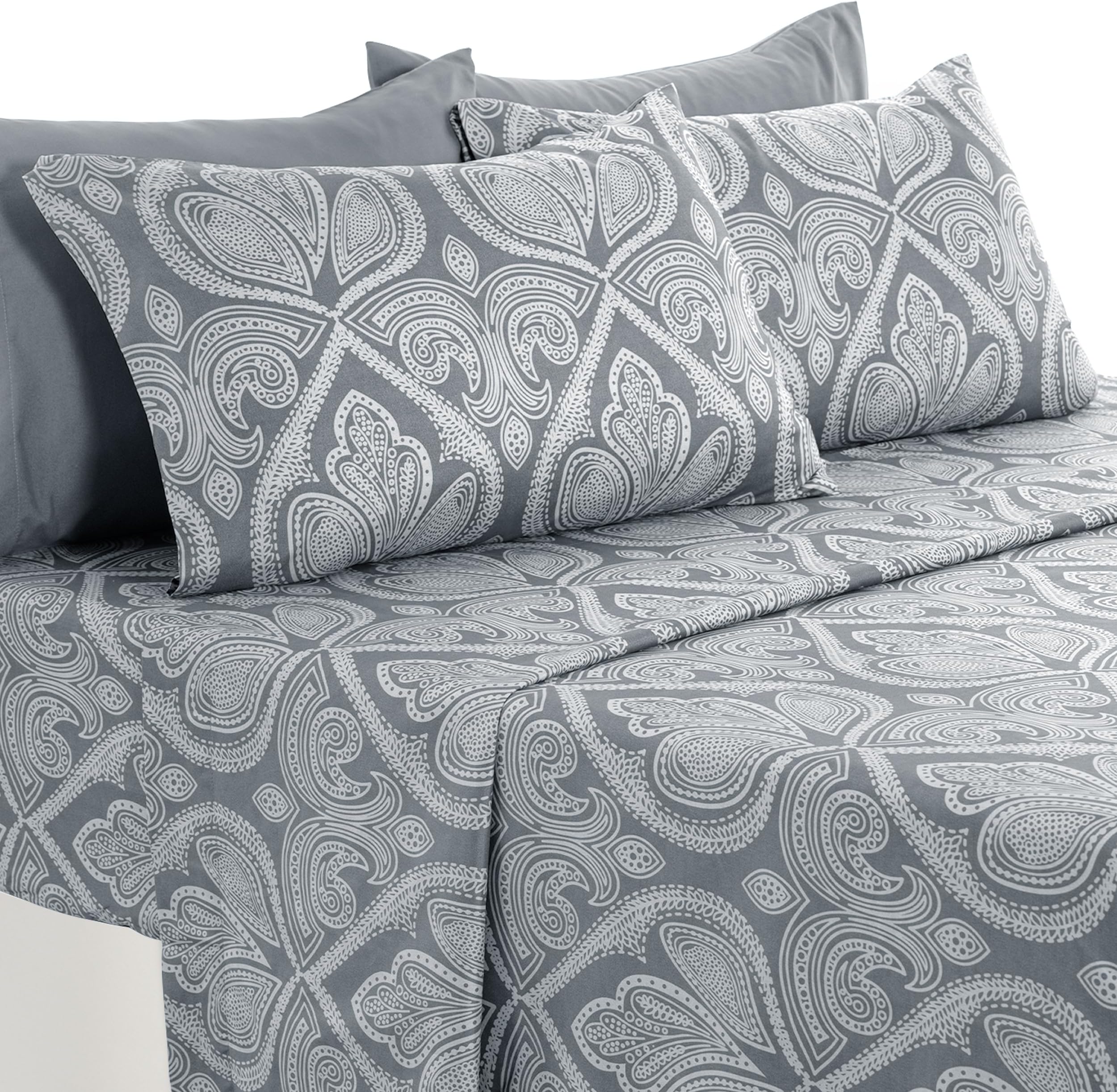 Grey Paisley Sheet Set, King - Ultra Soft Deep Pocket