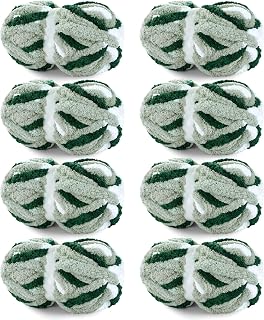 HOMBYS Chunky Tie Dye Mix Chenille Yarn for Hand Knitting, Super Bulky Jumbo Yarn for Crocheting, 3/4" Thick Soft Plush Yarn for Blankets, 8 Skein Pack (26 yds / 7.5 oz Each) Green Multi White