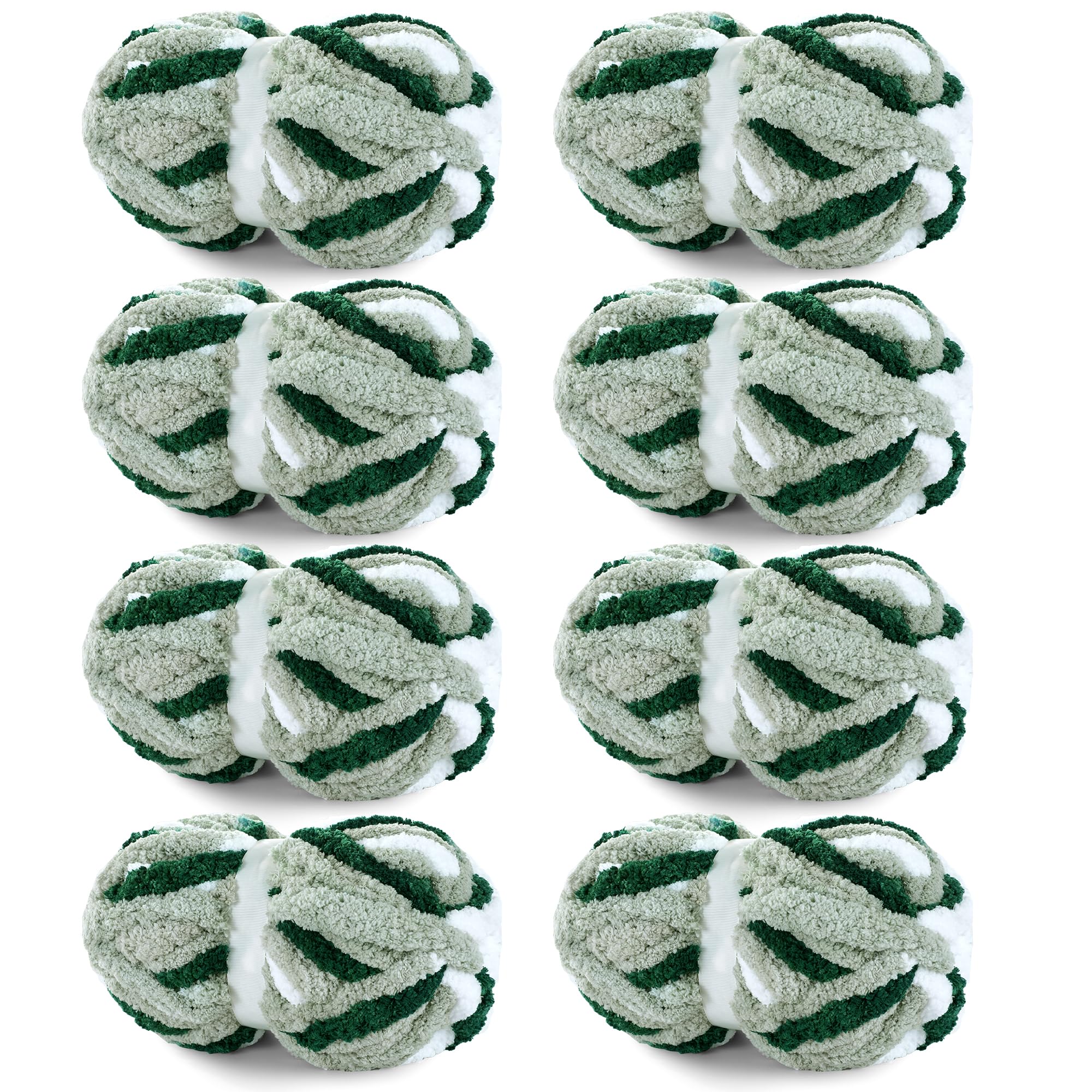 HOMBYS 8 Pack Giant Chunky Yarn for Crocheting,Super Bulky Large Soft Fluffy Yarn,Tie Dye Plush Fuzzy Yarn,Mixed Color Thick Chenille Yarn for Hand Knitting/Arm Knitting(Green Multi,White)