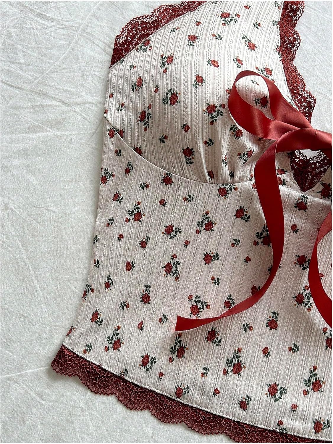 Floerns Women's Floral Lace Trim Halter Neck Top Tie Front Backless Aesthetic Crop Tops - Image 5