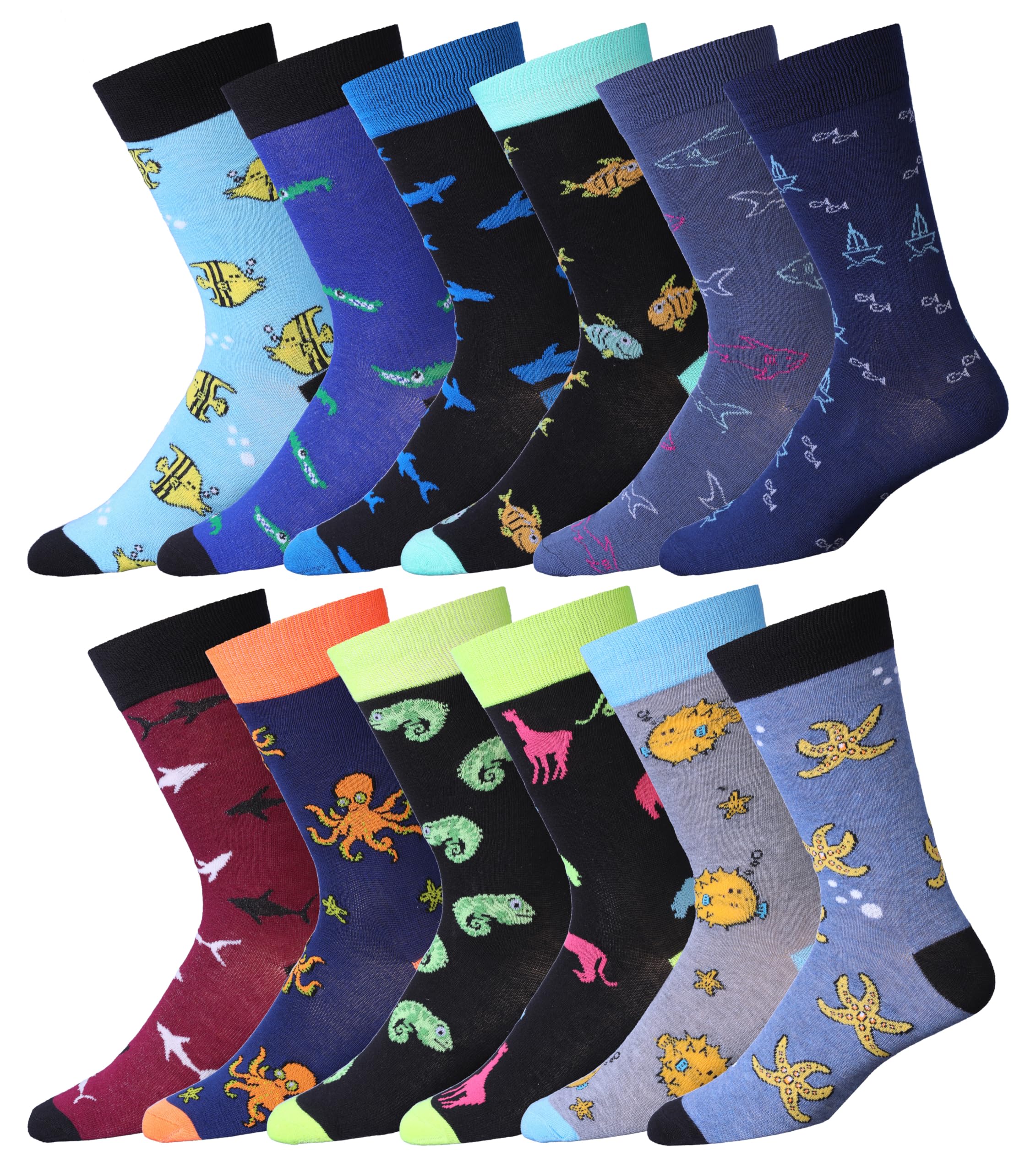 JAMES FIALLO Dress Socks for Men, Men's Casual Fun Fashion Patterned 12 Pairs Novelty Crew Socks - Colored Assorted Designs Available in Sizes (Ocean Blue Majesty), M9002-T1