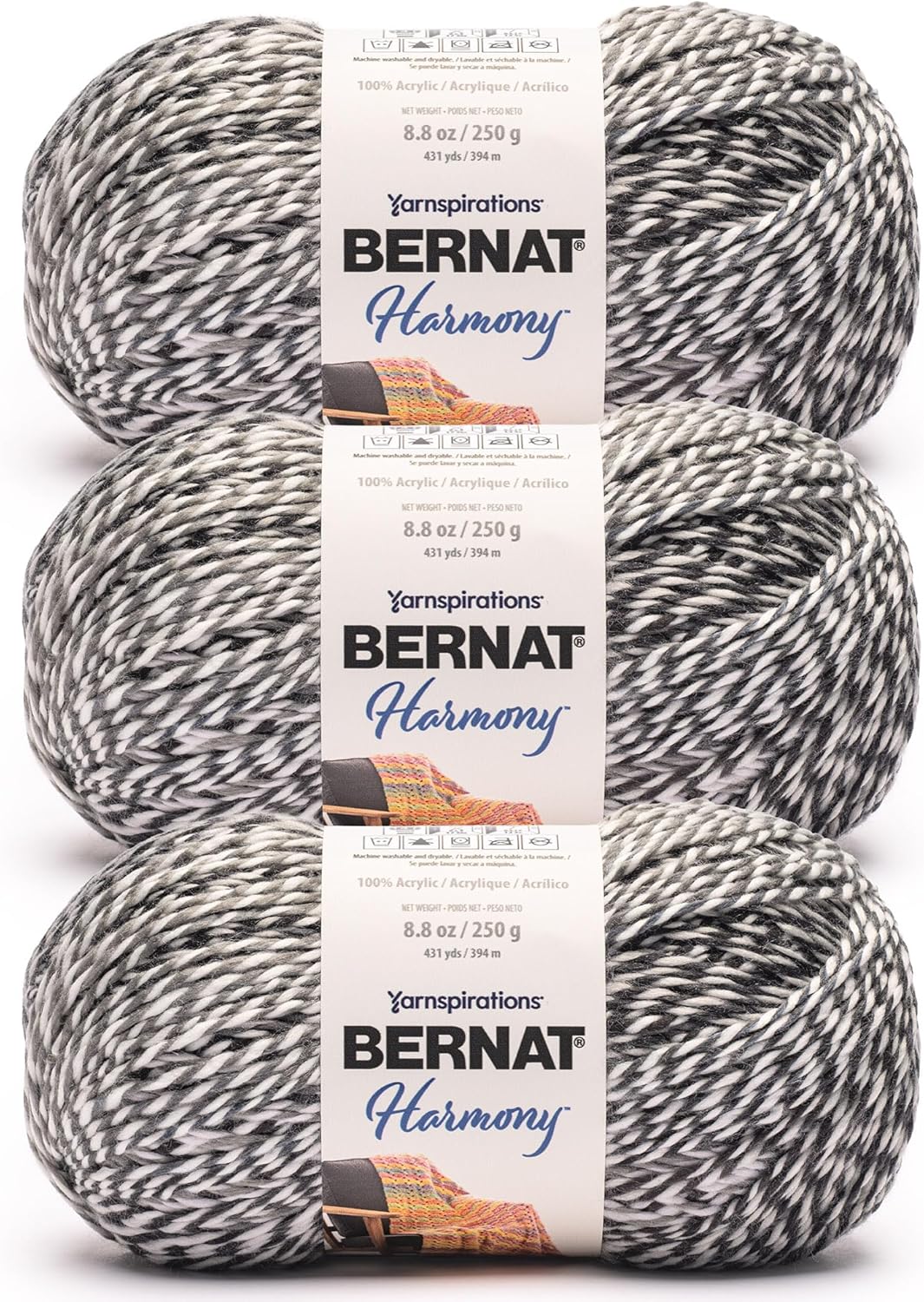 Bernat Harmony Foggy Notion Yarn - 3 Pack of 250g/9oz - 100% Acrylic - #4 Worsted (Medium) - 431 Yards - Knitting/Crochet