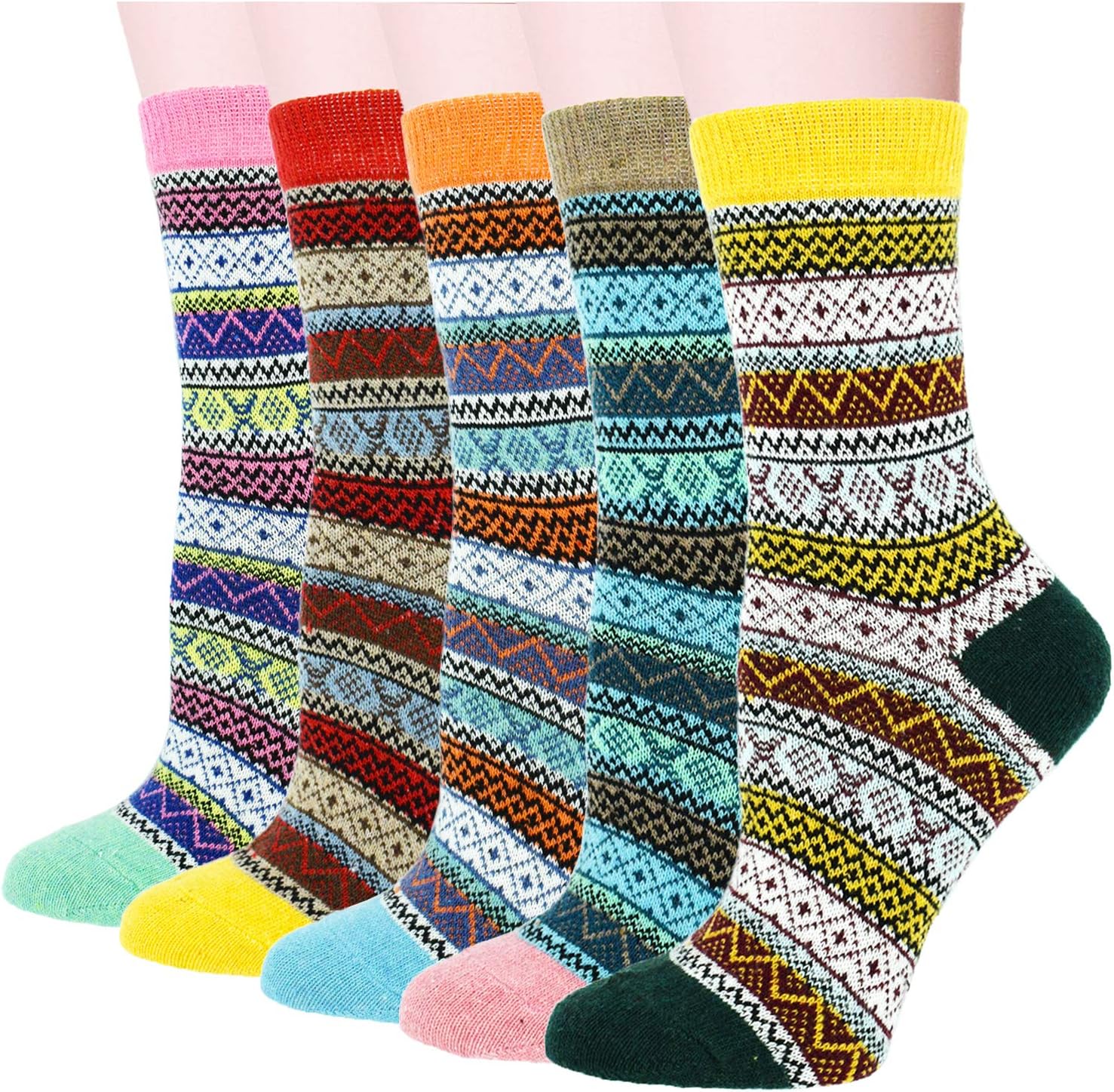 YZKKE 5Pack Womens Vintage Winter Soft Warm Thick Cold Knit Wool Crew Socks, Multicolor, free size