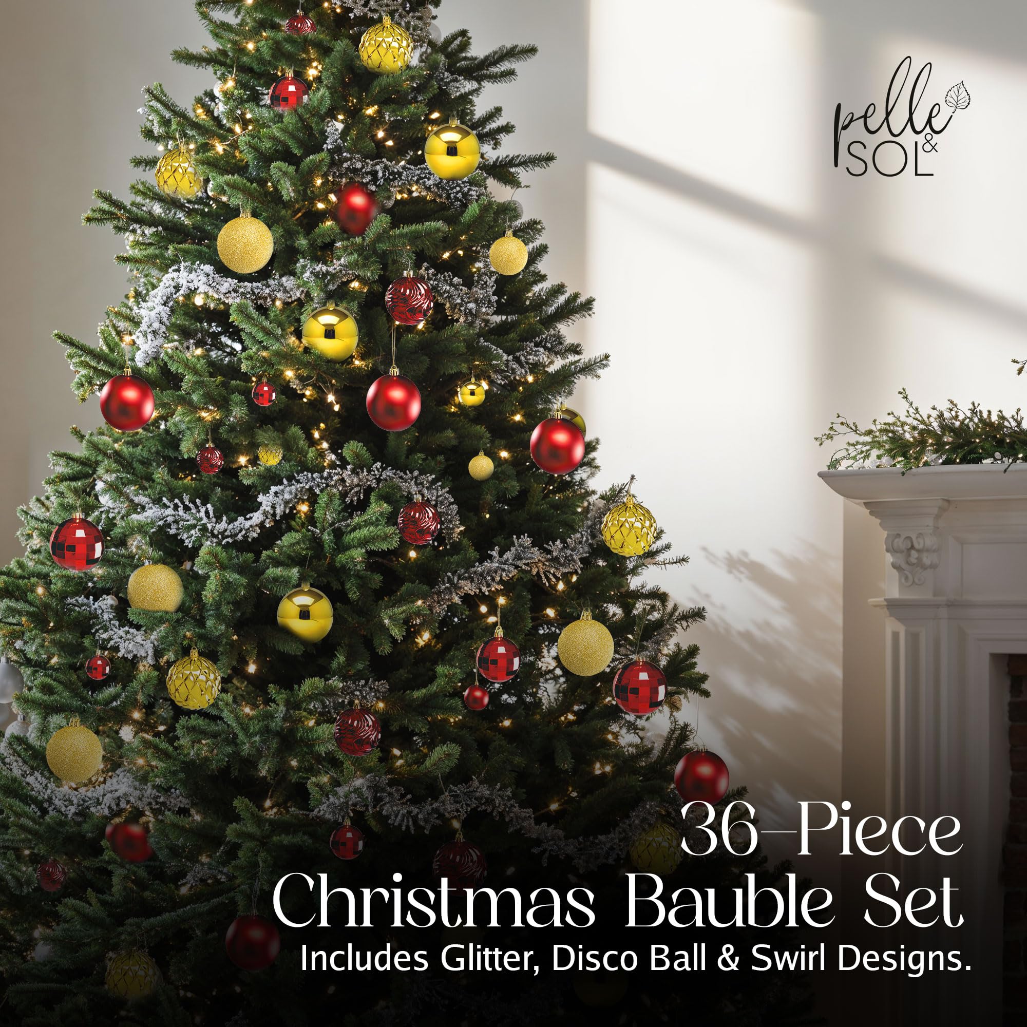 Pelle & Sol 36-Piece Christmas Decorations Bauble Set, Shatterproof Christmas Tree Decorations, Glitter, Disco Ball - Image 3