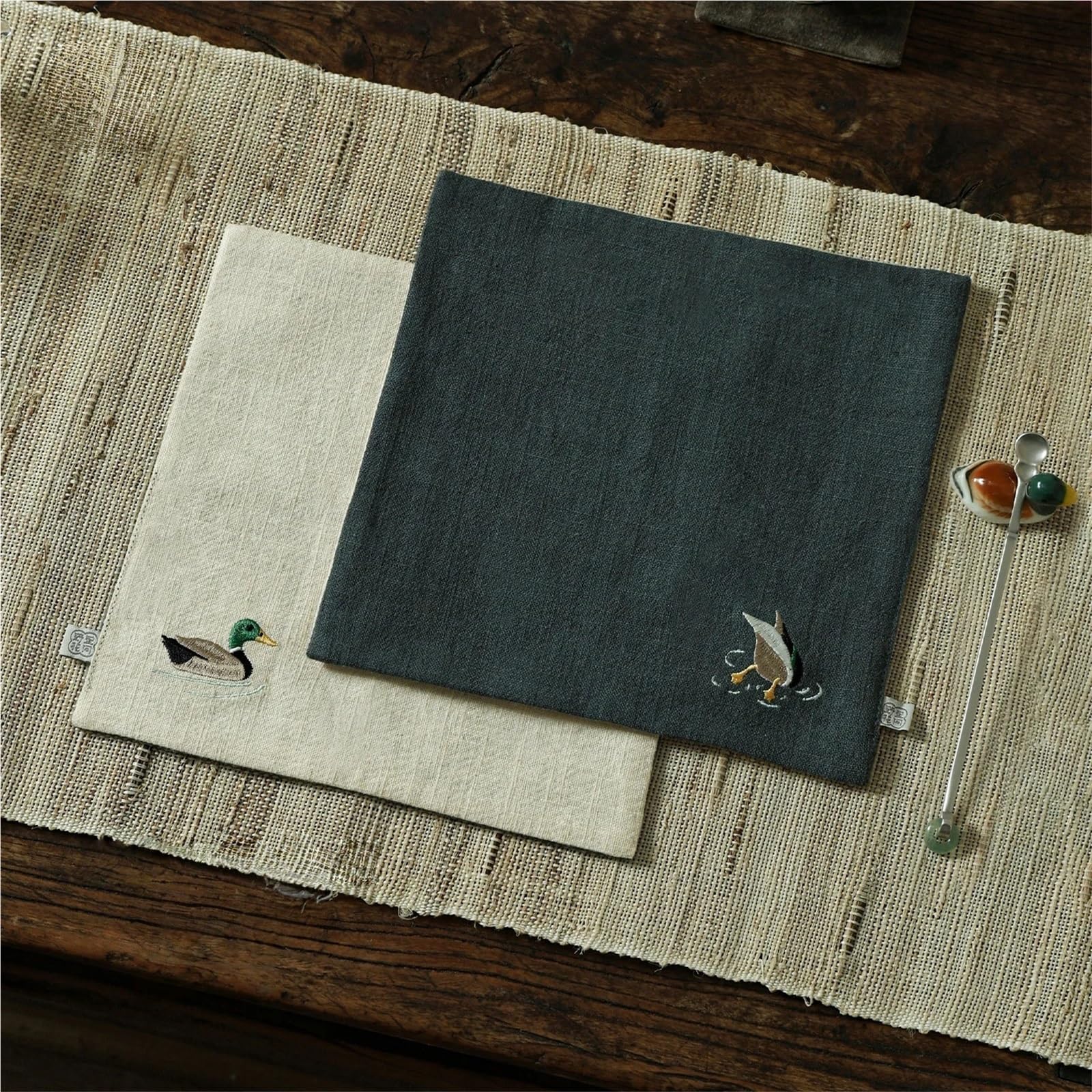 Strofinacci Strofinaccio 20x20 cm ricamato su entrambi i lati blu intenso/beige tappetino assorbente in cotone e lino ispessito Bere il Tè