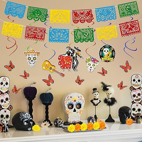 Miniatura 3 de Dia De Los Muertos Juego de Decoraciones: Decoración Día de los Muertos, Papel Picado, Marigold Marigold Butterfly Colgantes Remolinos para Altar de