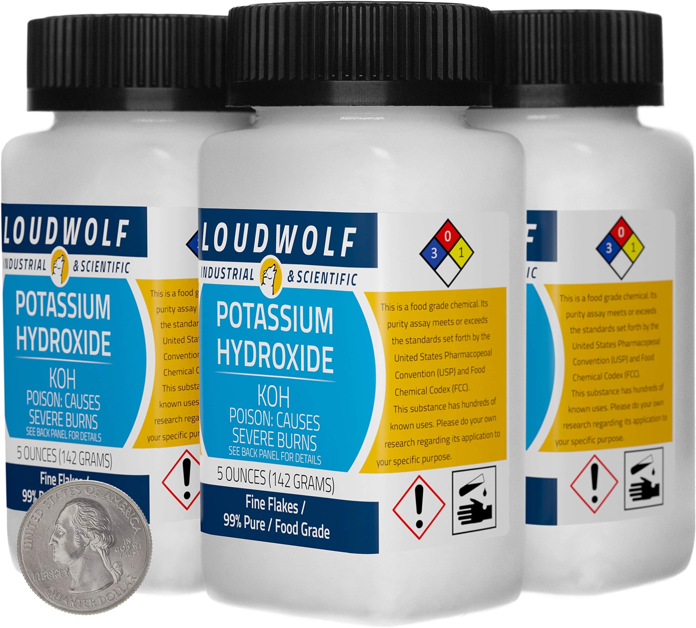 Potassium Hydroxide / 1.3 Pounds / 4 Bottles / 99% Pure Food Grade/Fine Flakes