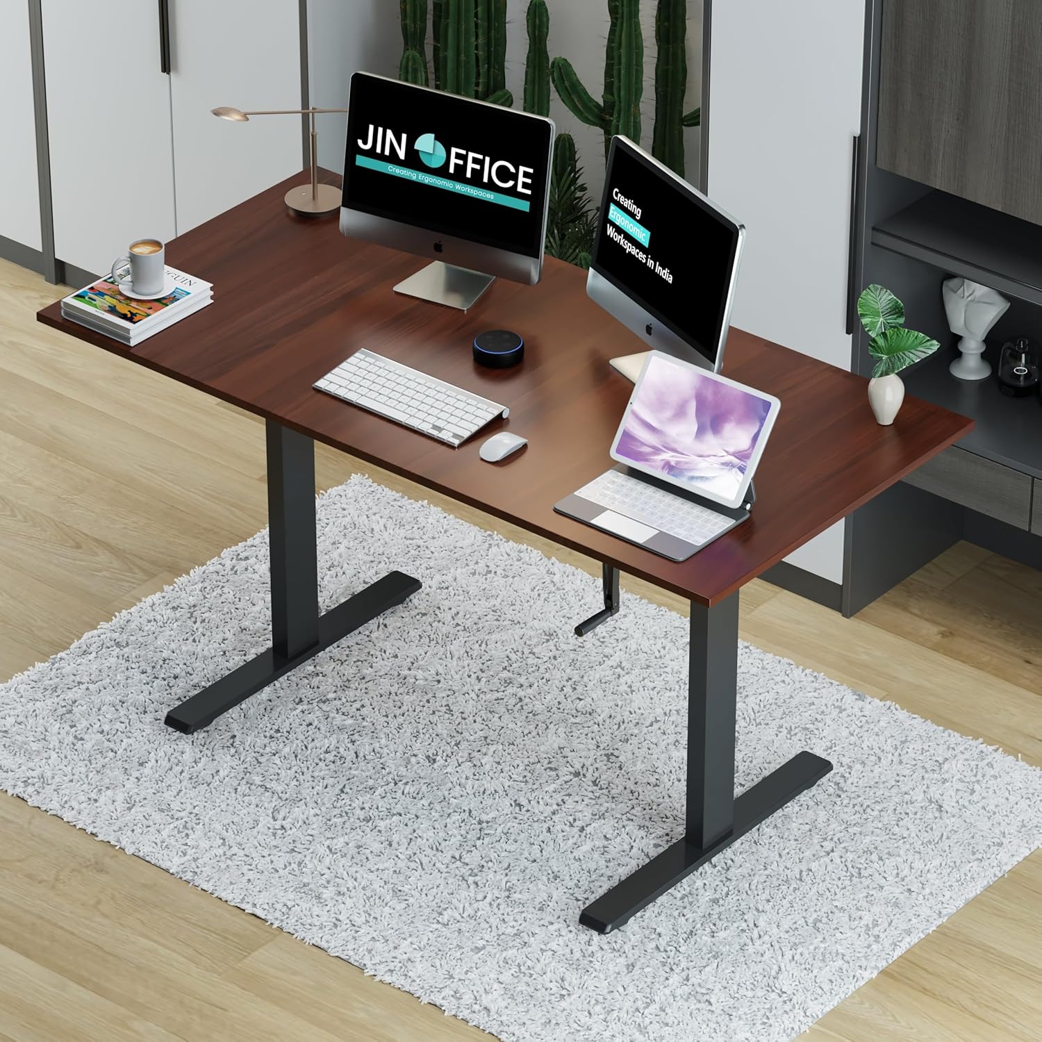 Image of Jin Office Vertex Manual Height Adjustable Table| Adjustable Desk with Hand Crank| Sit Stand Desk| Ergonomic Table for Home Office, 3 Year Warranty,80 Kg Wt. Cap| Black & Brown|1200*750mm/ 25MM Thick