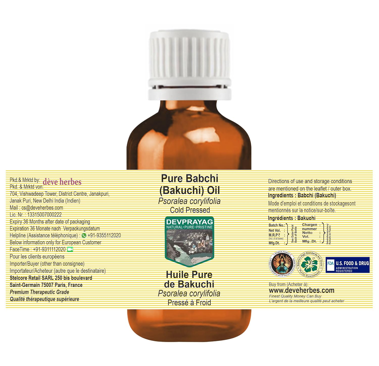 Babchi (Bakuchi) Oil (Psoralea corylifolia) | Cold Pressed | Pure | Natural | For Diluting Essential oils | For Skin & Massage | Non-Sticky | Lightweight | Unisex | 15ml (0.50 oz)