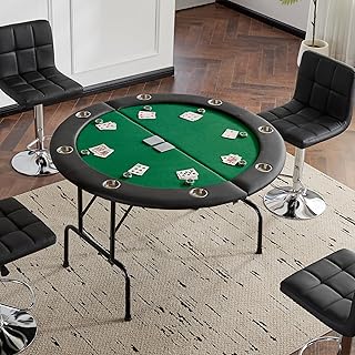 Mingone Rund Pokertisch Klappbar für bis zu 8 Spieler Poker Table, Getränkehalter aus Edelstahl Spieltisch, Blackjack, Roulette Tisch, Deko Casino Pokermit 120x120 cm, gepolsterte Armauflage Grün