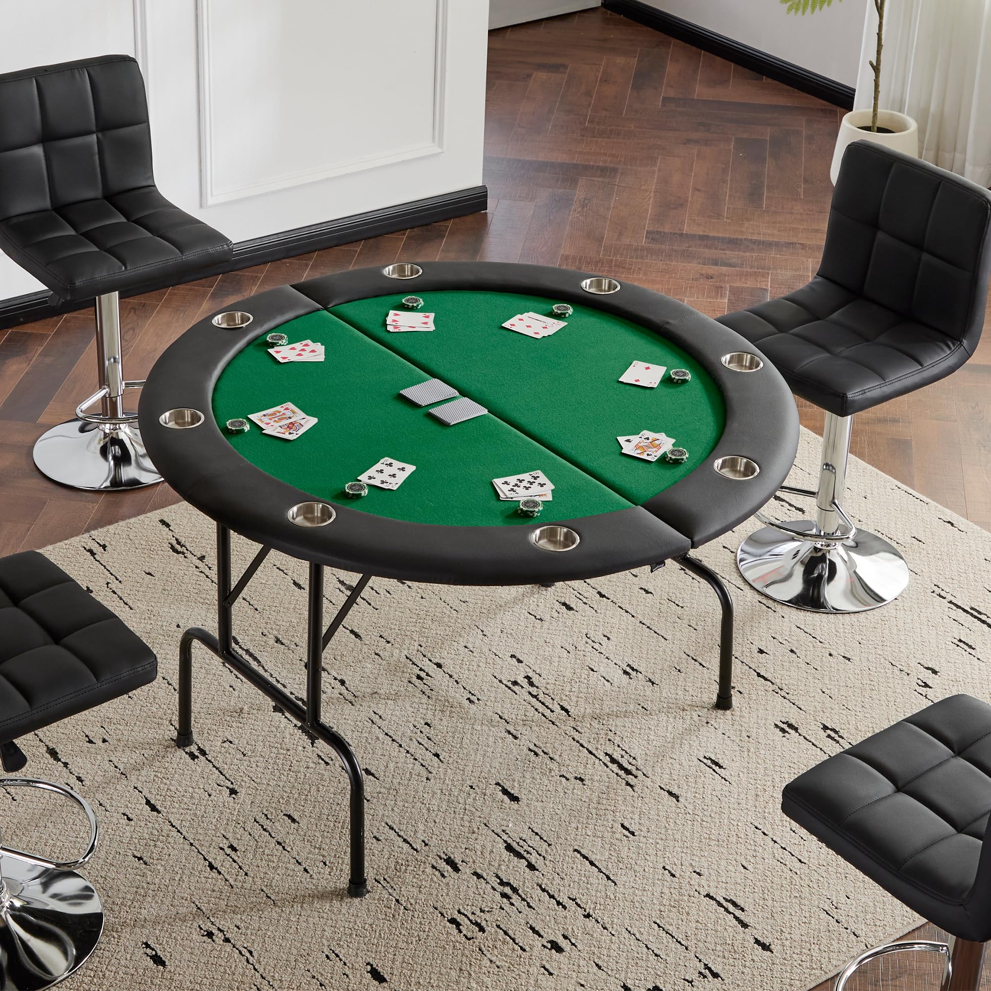Mingone Tavolo da Poker Pieghevole, 8 Posti con Portabicchieri, Tappeto in Feltro, per Texas Hold'em, Blackjack e Giochi da Casinò a Casa (Green, Cerchio)